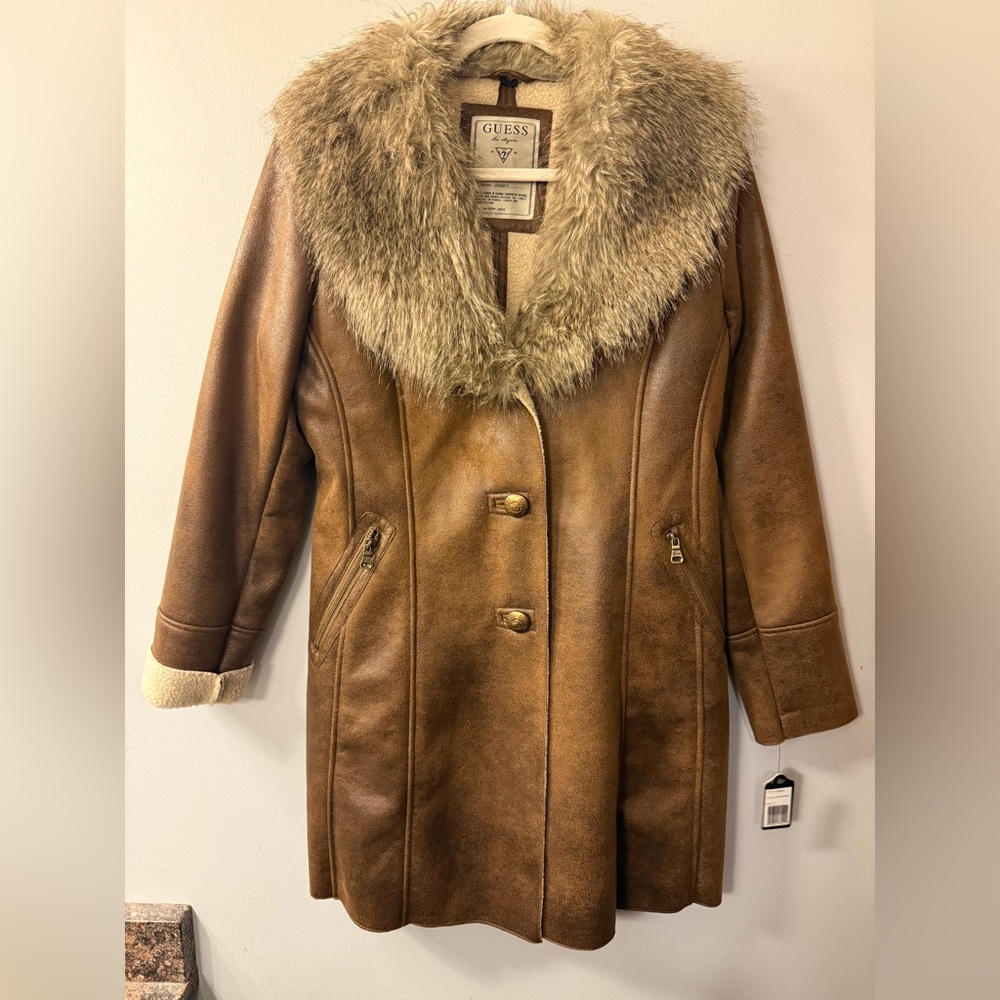 Guess Faux Leather Faux Fur Collar Coat size Medium. New with Tags.